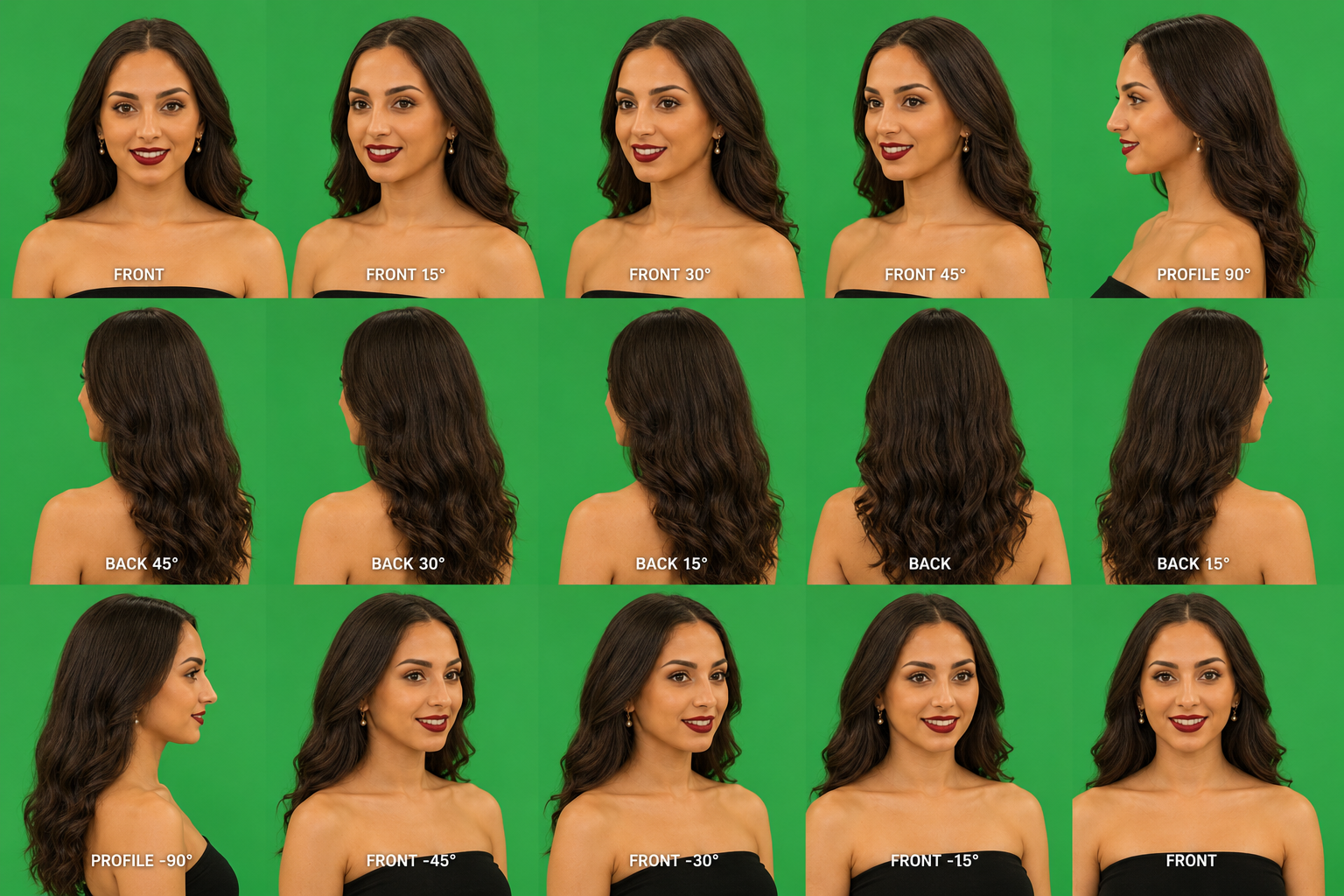 AI character reference blueprint of Ghazaleh Ghasemi in strapless green look, Persian-Canadian bilingual master of ceremonies and motivational speaker in Toronto