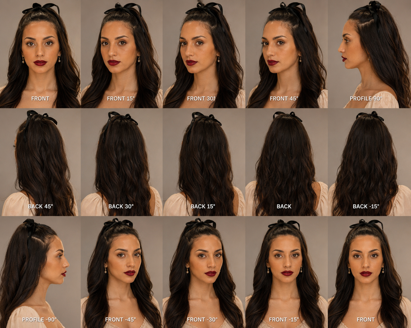 AI character reference blueprint of Ghazaleh Ghasemi in burgundy natural look, Persian-Canadian bilingual master of ceremonies and motivational speaker in Toronto