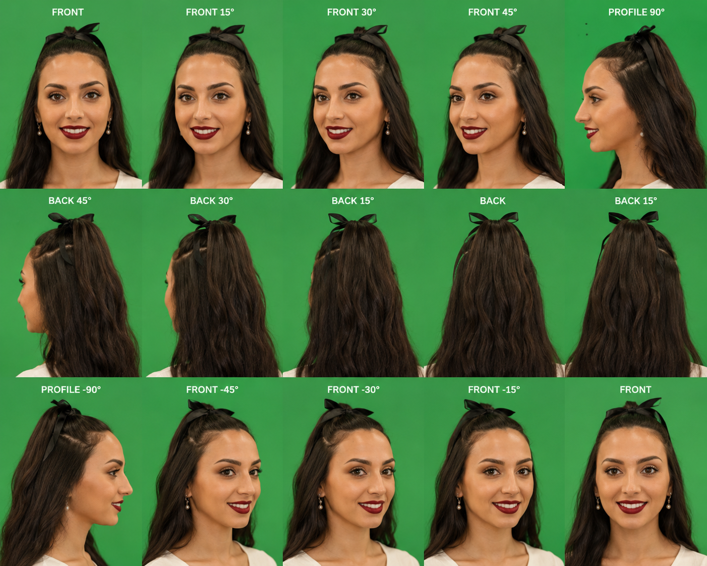 AI character reference blueprint of Ghazaleh Ghasemi in green ribbon look, Persian-Canadian bilingual master of ceremonies and motivational speaker in Toronto