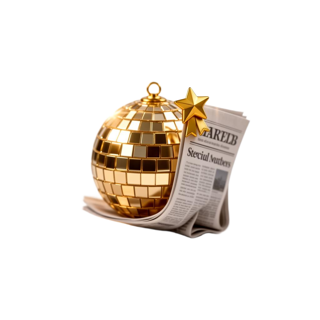 3D golden disco-ball clipart of a microphone and laurel, representing a bilingual emcee at a Persian-Canadian comedy night in Toronto.