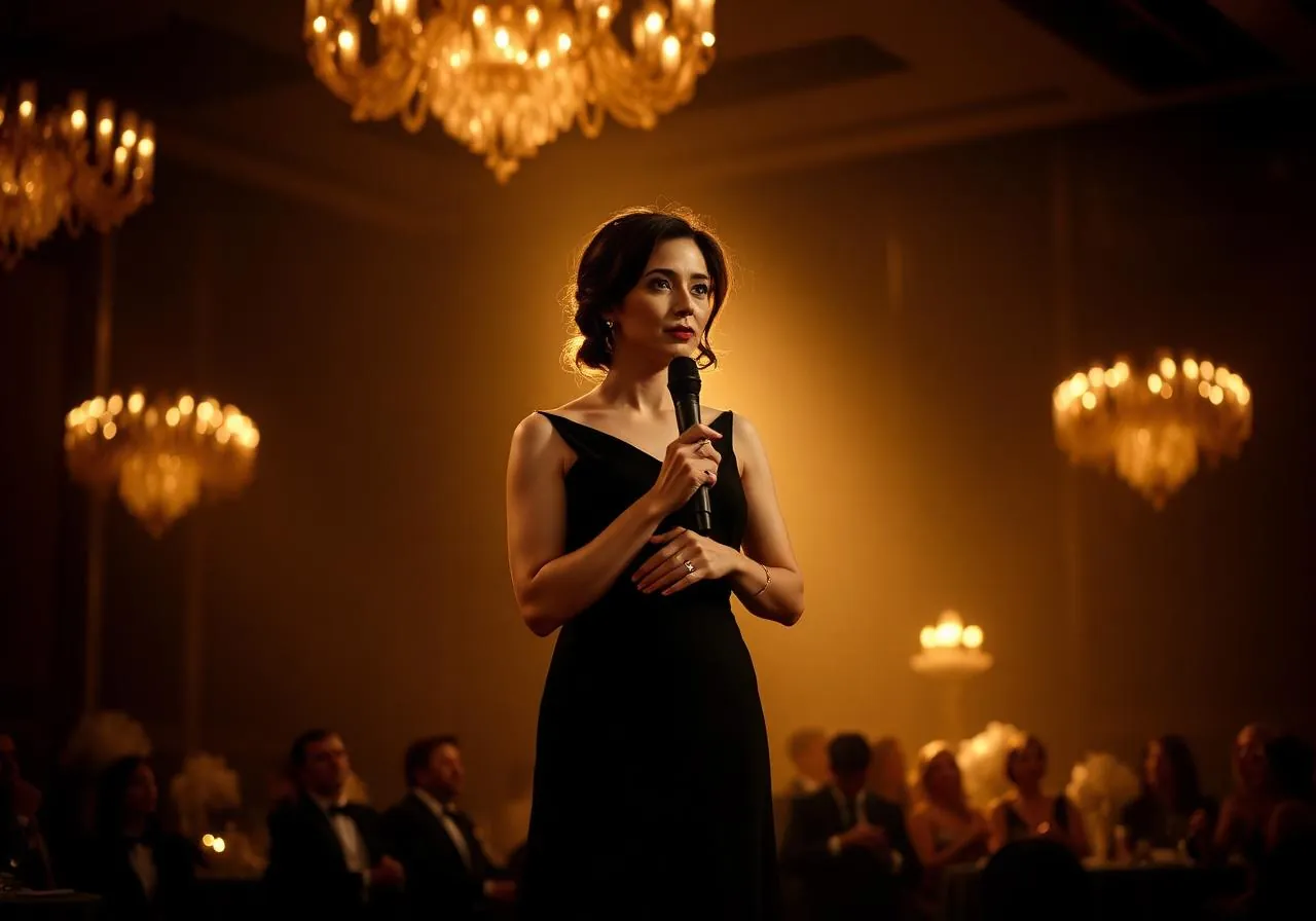 Bilingual master of ceremonies in a black gown holding a microphone under warm gold gala lighting.