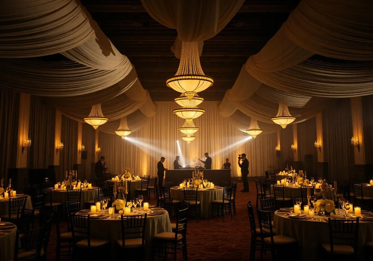 Draped ballroom with chandeliers, candlelit tables, and crew silhouettes during event production setup.