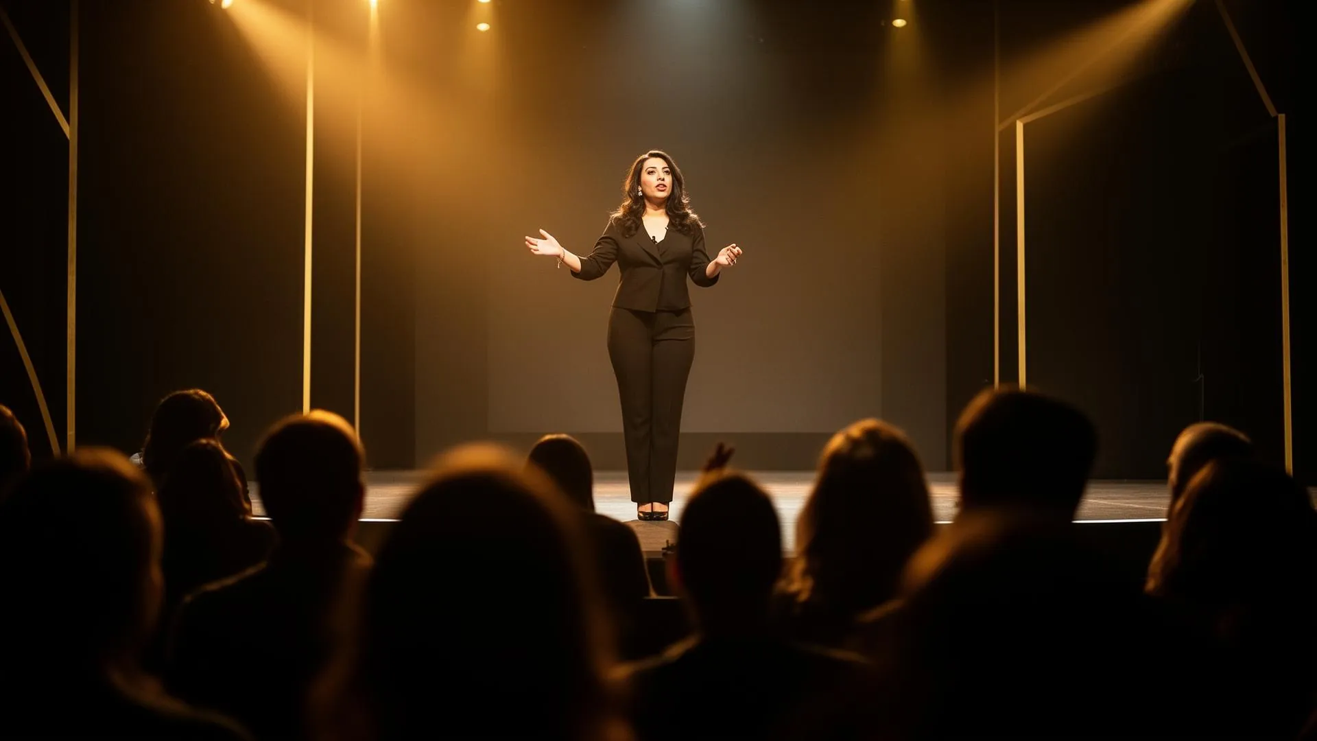 Keynote speaker mid-talk on a darkened conference stage under a single gold spotlight.