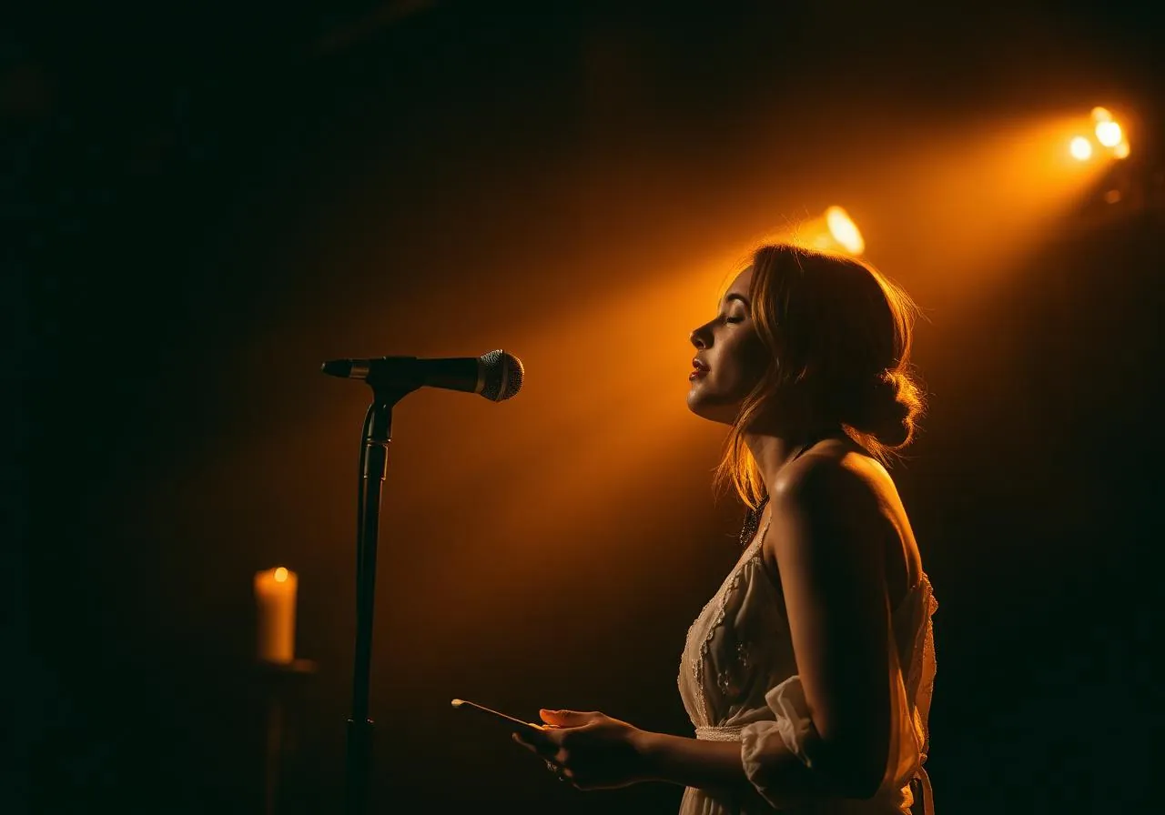 Lone spoken word poet at a vintage microphone under a warm gold spotlight on a dark stage.