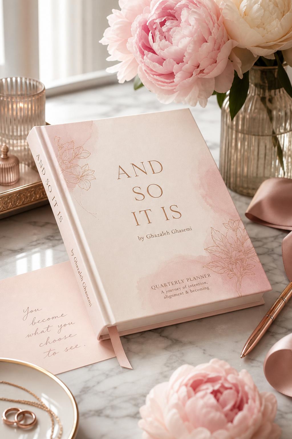 Feminine Edition of And So It Is ADHD-friendly quarterly planner for women by Ghazaleh Ghasemi — blush, cream and rose-gold cover photographed on a vanity with fresh roses and a candle.