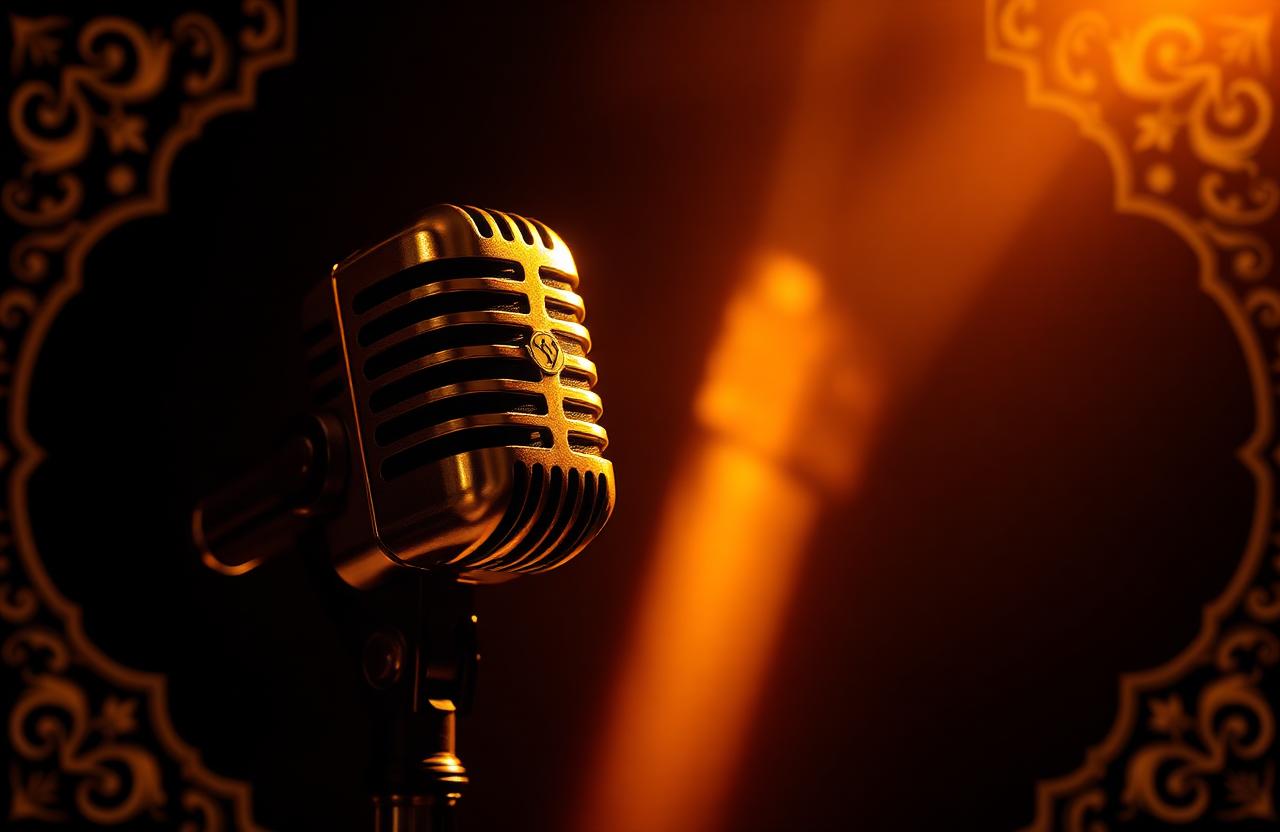 Vintage microphone in gold spotlight with Persian arabesque shadows, bilingual hosting by Ghazaleh Ghasemi, Persian-Canadian master of ceremonies and motivational speaker in Toronto
