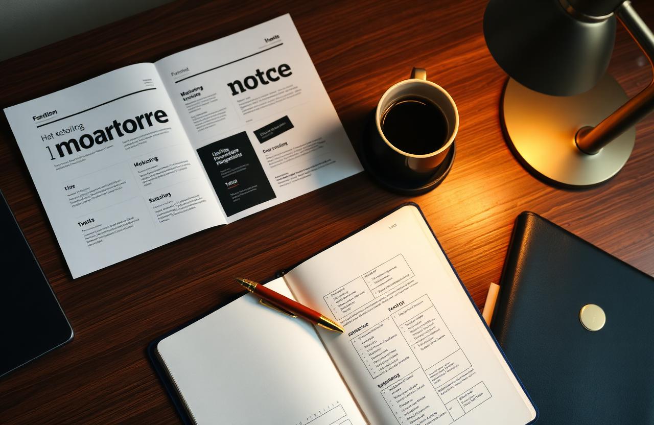Strategy desk with marketing roadmap and gold pen, the brand-fluent CMO side of Ghazaleh Ghasemi, bilingual Persian-Canadian master of ceremonies and motivational speaker in Toronto