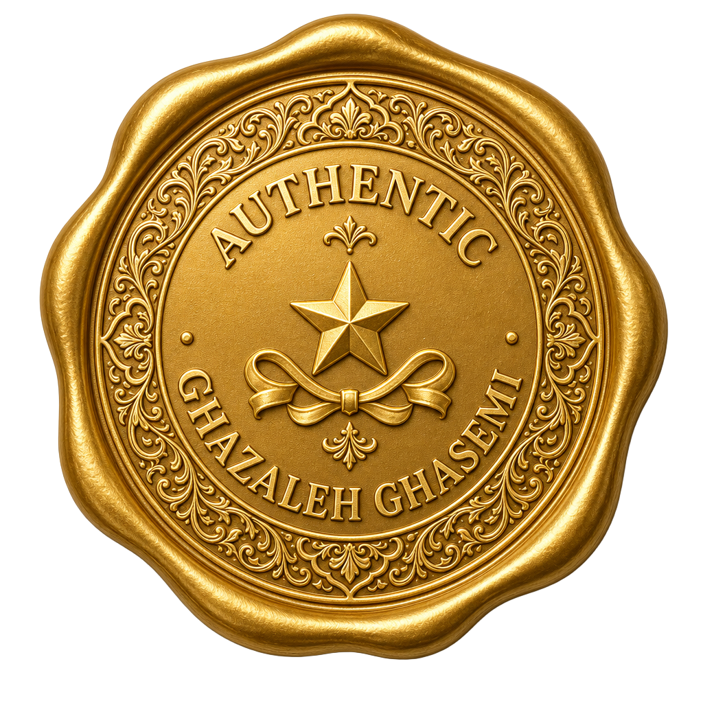 Authentic Ghazaleh Ghasemi gold seal — bilingual master of ceremonies, motivational speaker, Toronto, Persian-Canadian