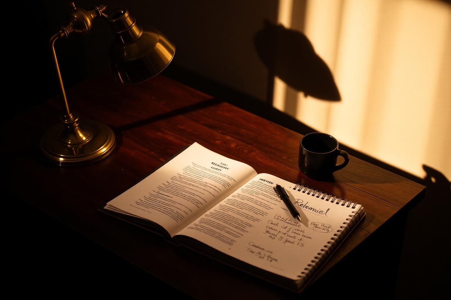 Marked-up rehearsal script and a spiral-bound actor's notebook open on a dark walnut desk beside a brass desk lamp and coffee cup — Toronto bilingual EN/FA actor preparing sides.
