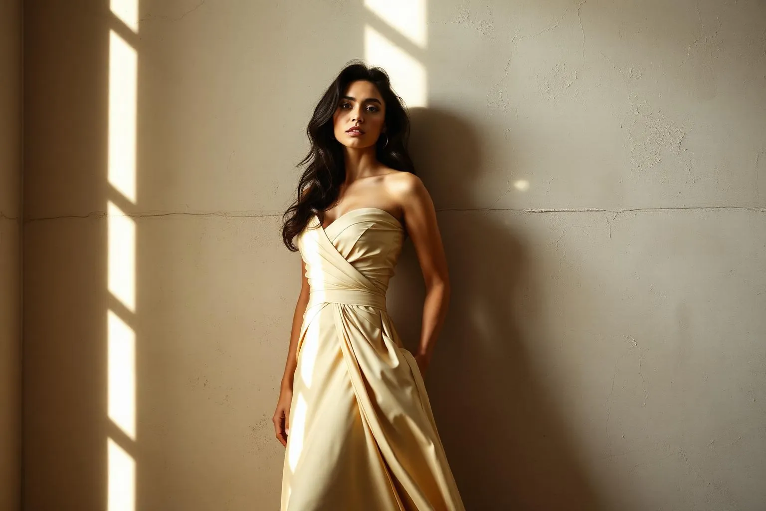 Toronto editorial model Ghazaleh Ghasemi in a flowing structured gown against a textured plaster wall, with a shaft of cool window light cutting across the frame for a magazine editorial.