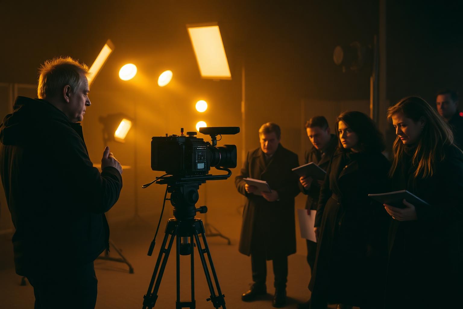 Director and director of photography reviewing a shot list with assistants on a Here2GuideU production set in Toronto, lit by amber LED panels and practical tungsten fixtures.