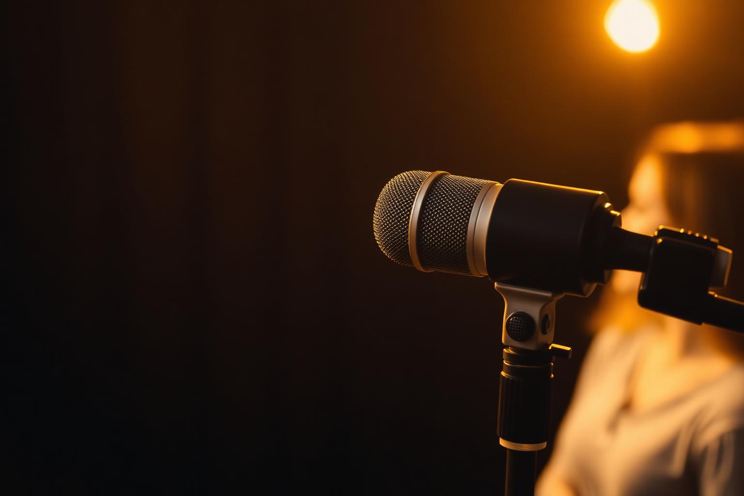 Close-up of a broadcast microphone on a boom arm during a documentary interview with Toronto bilingual interviewer Ghazaleh Ghasemi, warm key light and a softly blurred guest in background.