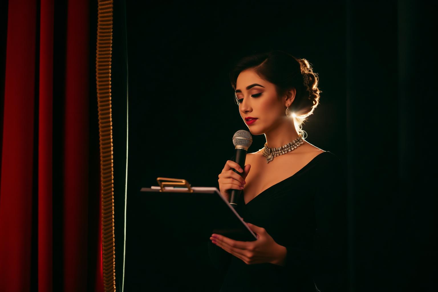 Master of ceremonies Ghazaleh Ghasemi reviewing the run-of-show on a clipboard backstage at a Persian wedding gala in Toronto, beside a red velvet curtain with gold trim.