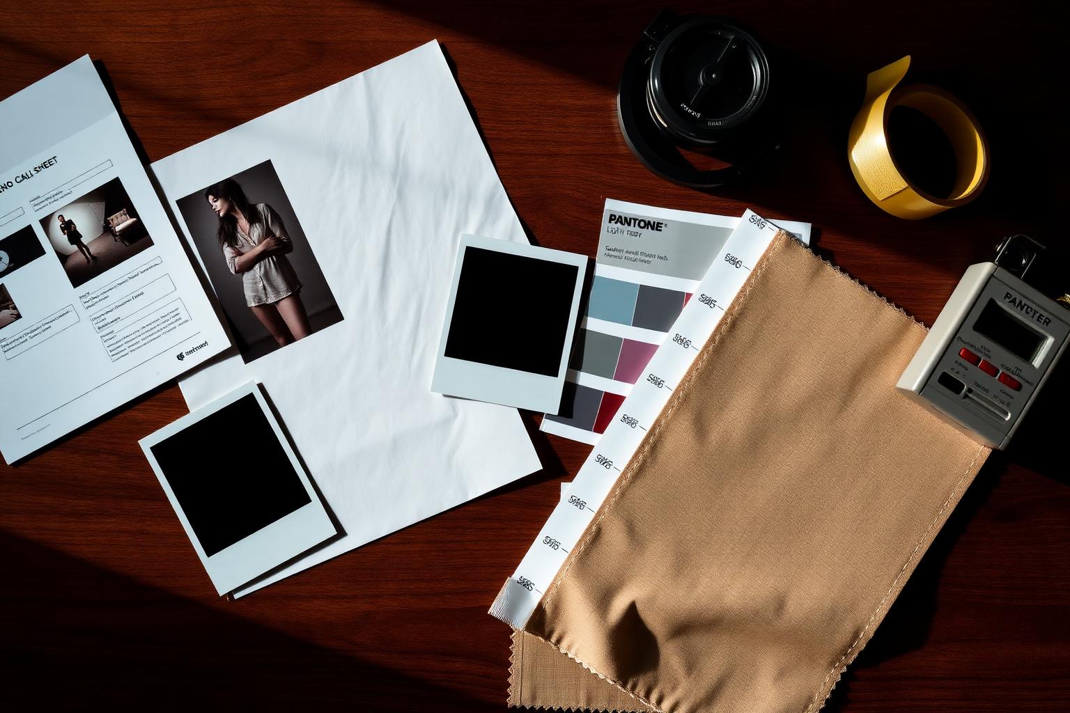 Overhead flat lay of a Toronto editorial photoshoot callsheet, Polaroid tests, Pantone fan deck, light meter, gaffer tape and a fabric swatch on a dark walnut surface under dramatic side light.