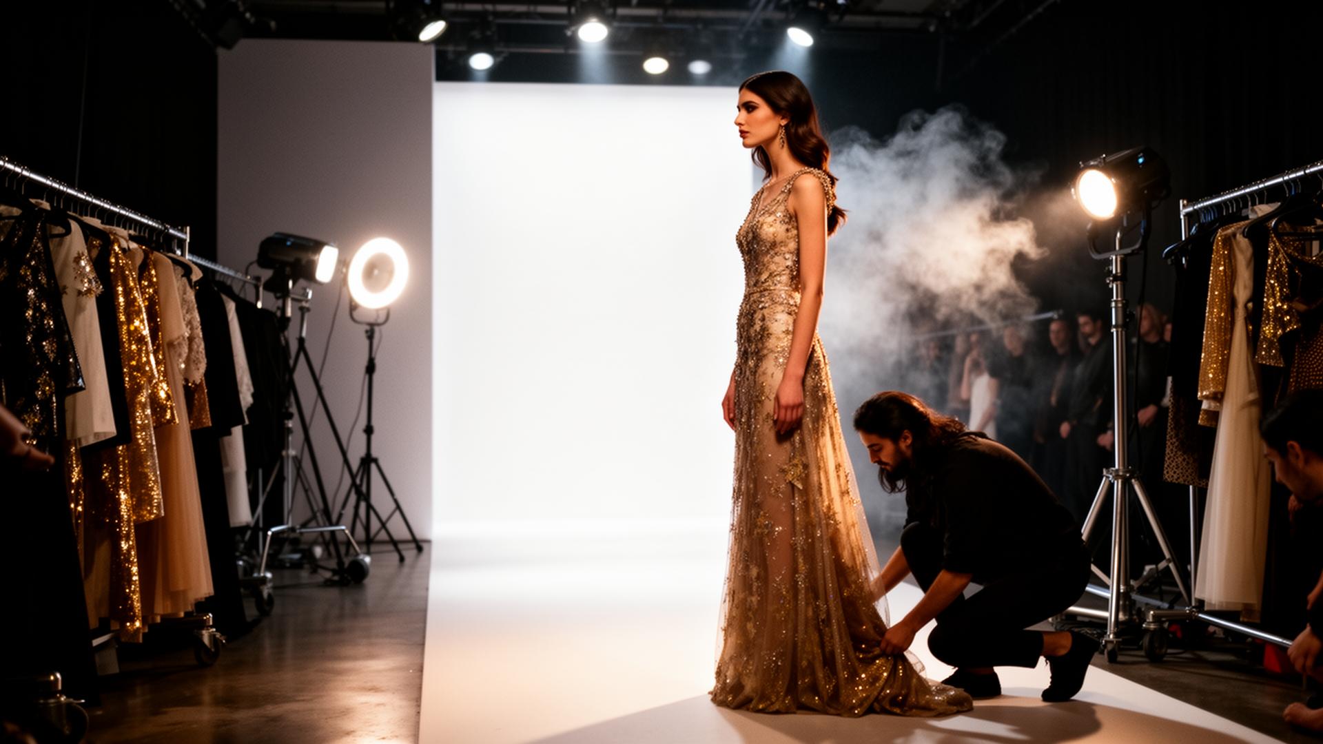 Backstage at a Toronto fashion week show — a runway model in a couture gown waits in the wings while stylists adjust a hem, garment racks and a glowing runway entrance behind.