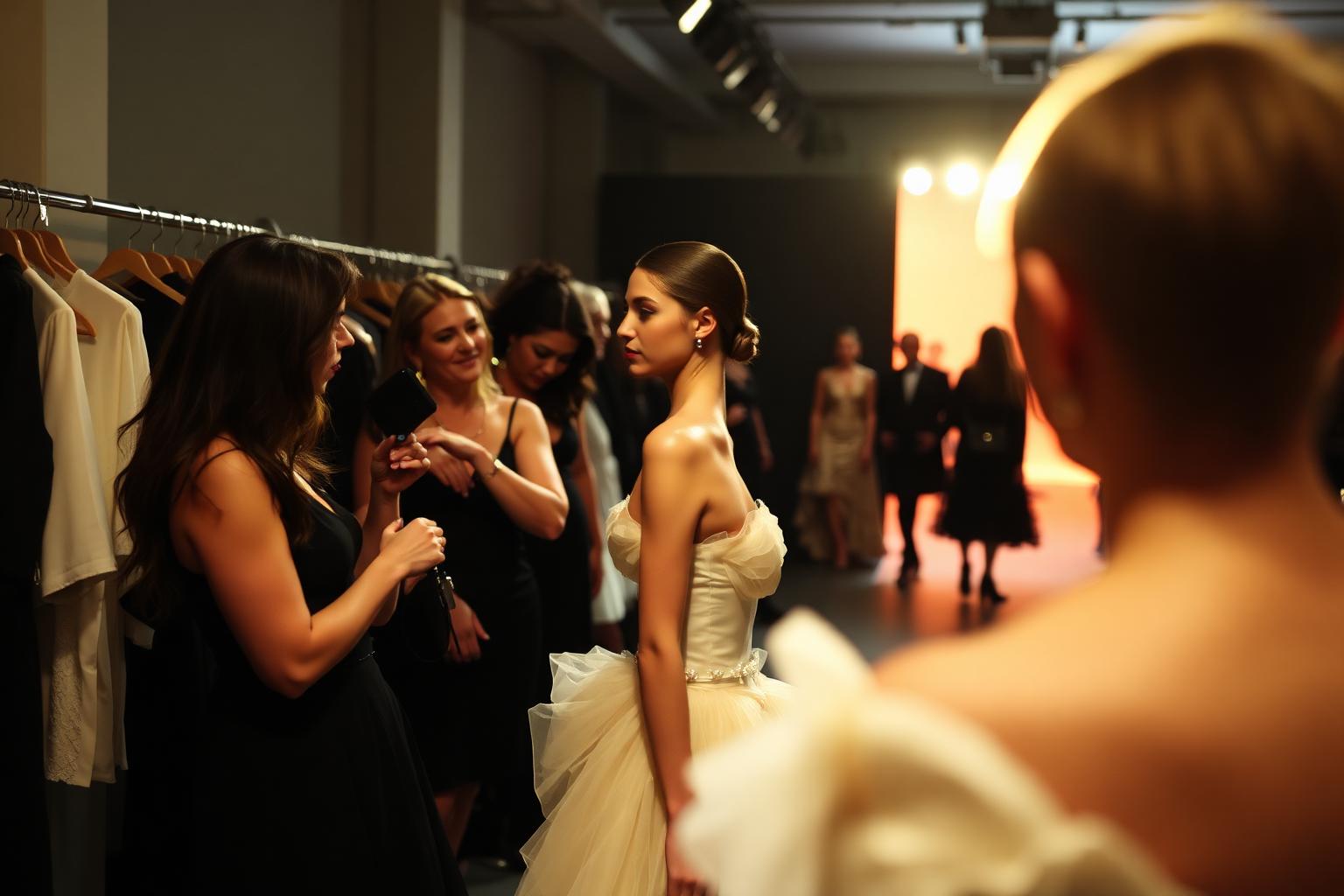 Backstage at a Toronto fashion week show — a runway model in a couture gown waits in the wings while stylists adjust a hem, garment racks and a glowing runway entrance behind.