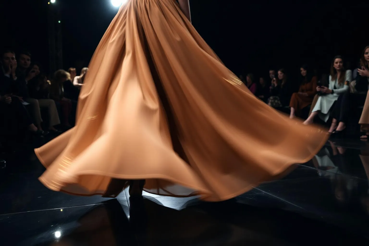 Toronto runway model mid-walk for a fashion week show, hem of an amber gown caught in motion blur, glossy black runway floor reflecting overhead lights with audience silhouettes flanking the catwalk.