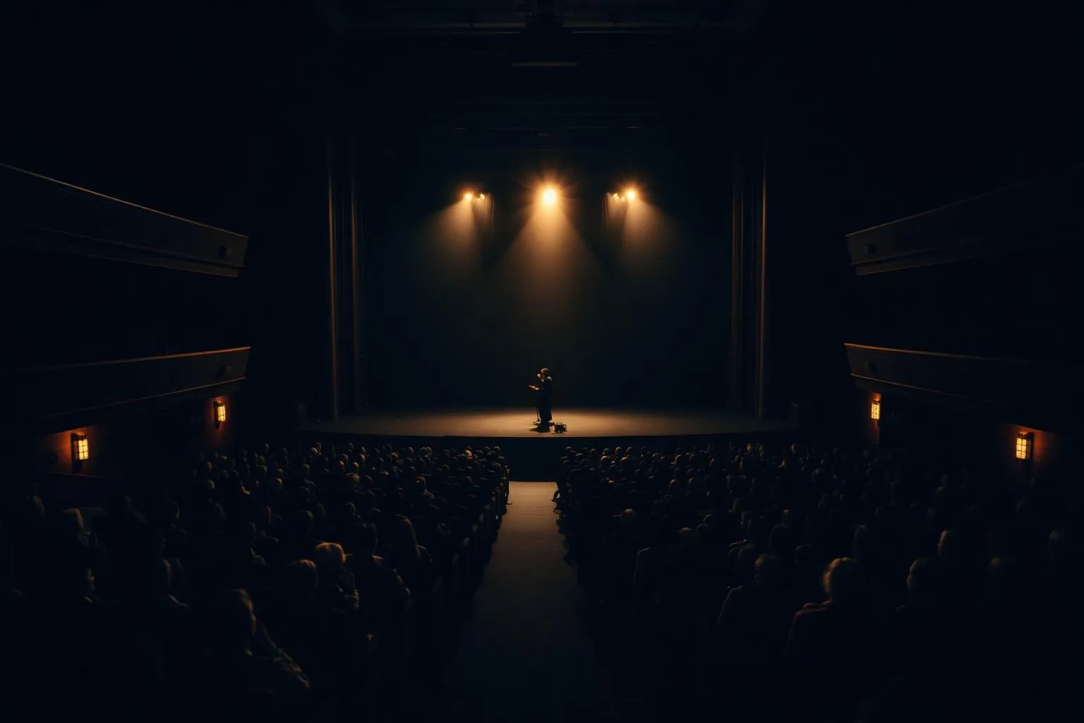 Bilingual motivational speaker in Toronto Ghazaleh Ghasemi delivering a keynote on a softly lit stage with warm gold spotlight and audience in soft focus.